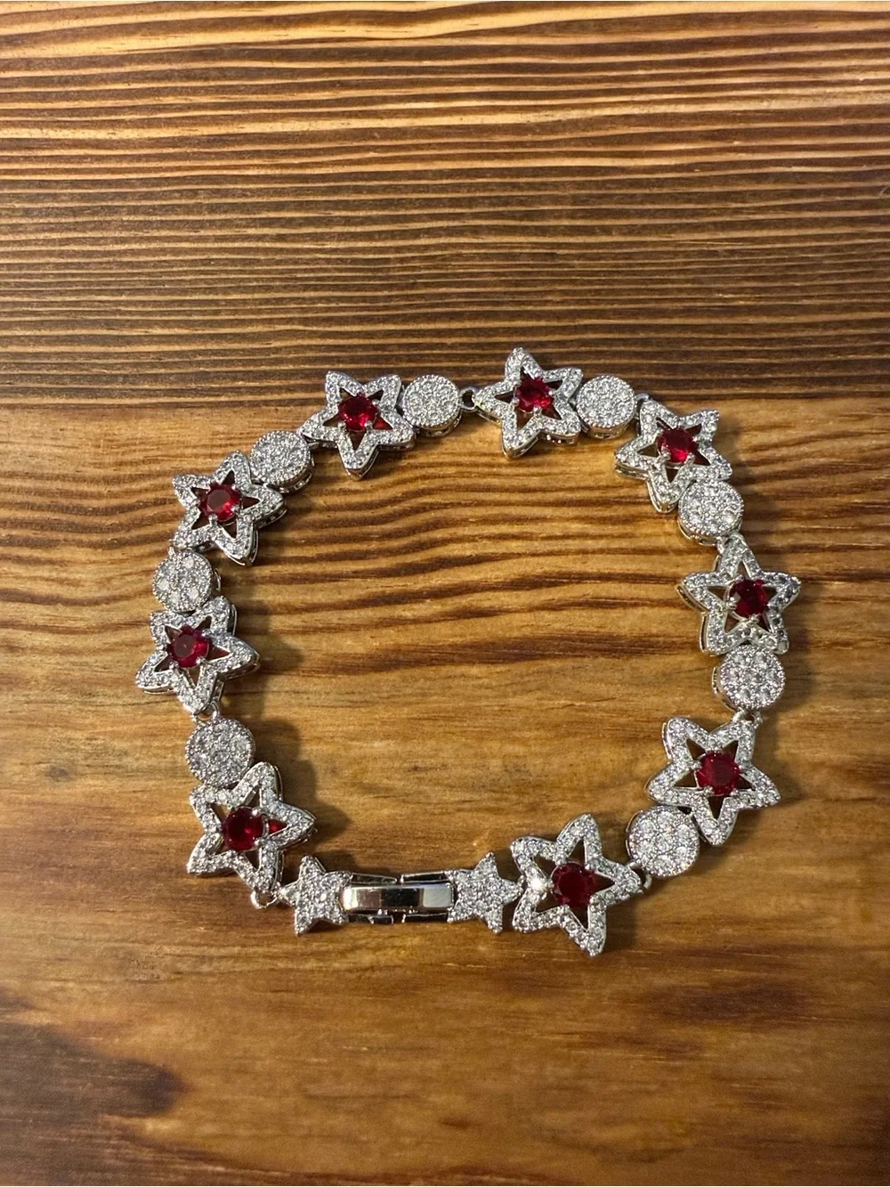 Silver Red Star Crystal Link Bracelet - Silver Tone S-Steel